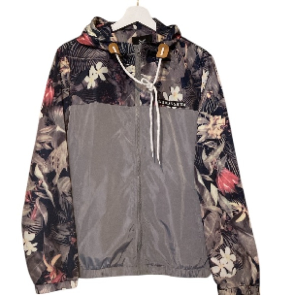 QING YUAN SHUI Mens Gray Black Floral Hooded Pockets Windbreaker Jacket NEW